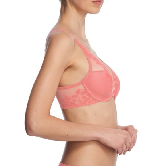 Natori 36DDD Cherry Blossom Peach Rose Pink Lace Plunge Bra - Picture 7 of 9